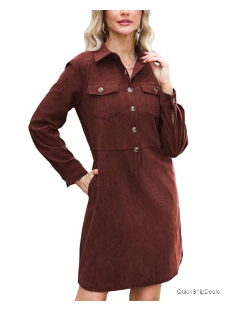 Corduroy Shirt Dress Long Sleeve Button Down Midi Shift Tunic With Pockets